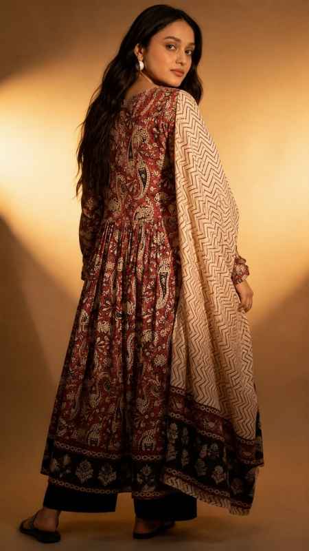 Printed Anarkali Kurta and Pant Set with Dupatta Back